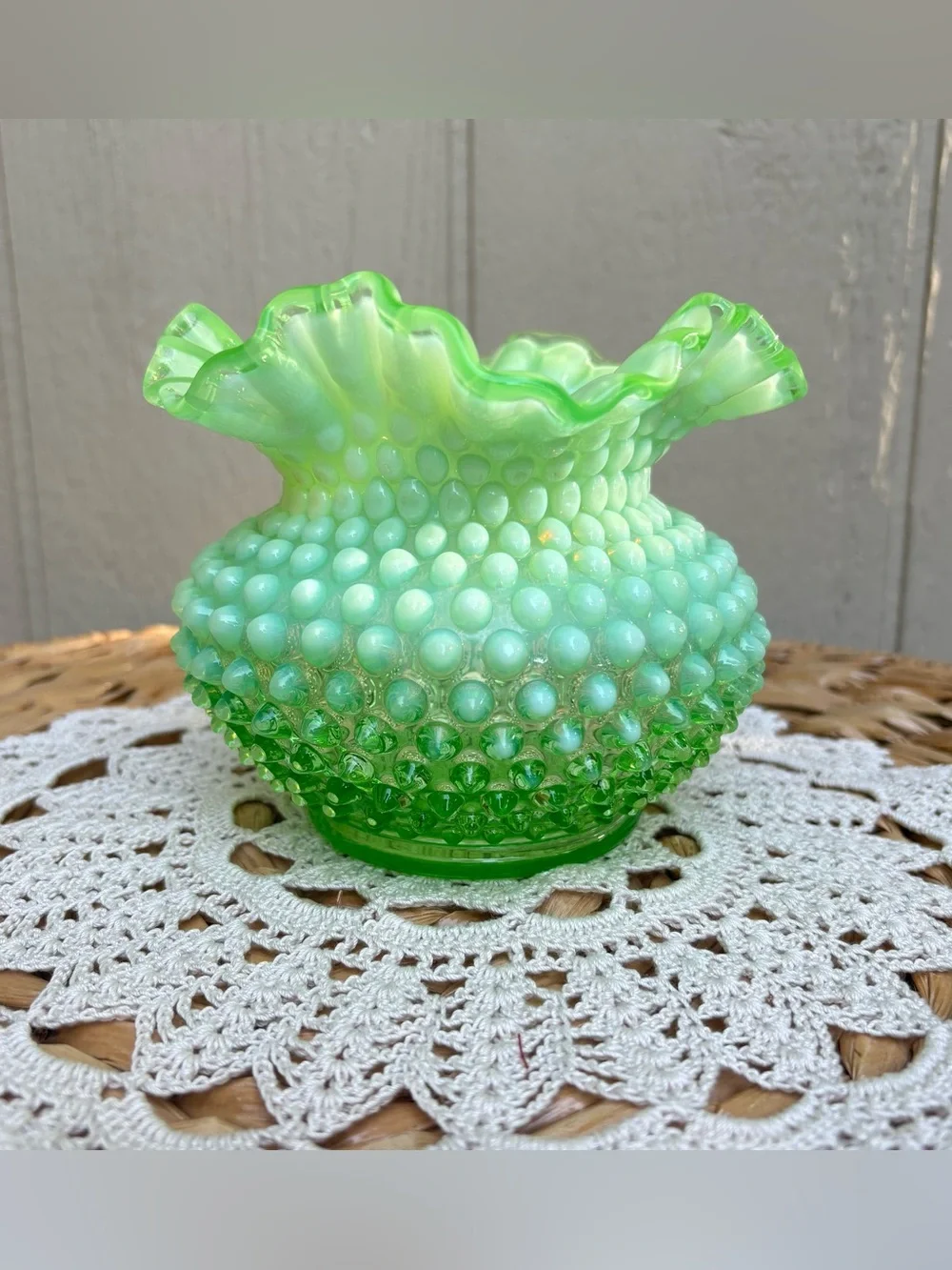 Fenton Rose Bowl Lime Green Opalescent Hobnail Glows!